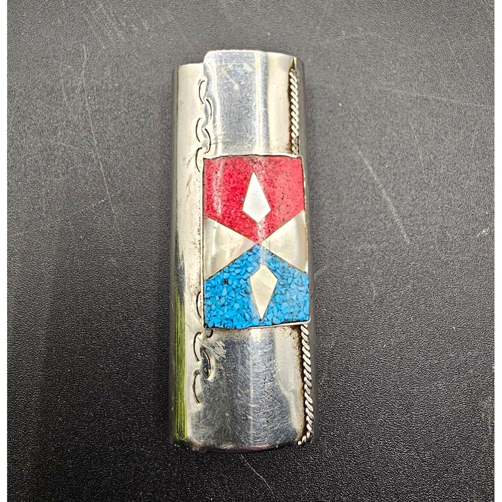 Metal Guitar Slide Tube, Silver Finish, Red & Blue Inlay Design, Slide